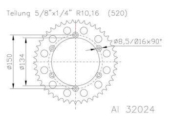 Kettenrad 51 Zähne Alu 520er Teilung (5/8x1/4)