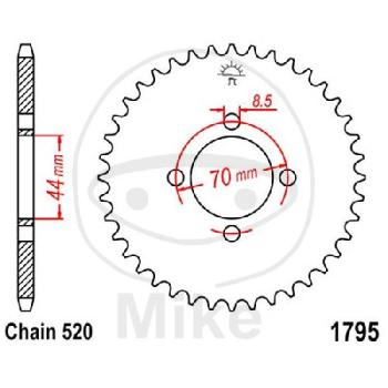 Kettenrad, 22Z, Teil.: 520, Innen Ø : 044, Lochkr.: 070