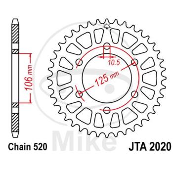 Alu-Kettenrad, 45Z, Teil.: 520 silber, JT, Innen Ø : 106, Lochkr.: 125