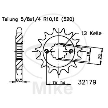 Ritzel, 14Z, Teil.: 520, feinverzahnt, Innen Ø : 19/22