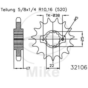 Ritzel, 15Z, Teil.: 520, feinverzahnt, Innen Ø : 22/25