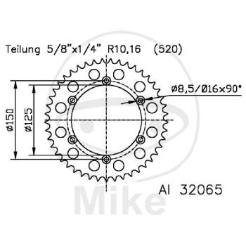 Alu-Kettenrad, 54Z, Teil.: 520 silber, Esjot, Innen Ø : 125, Lochkr.: 150