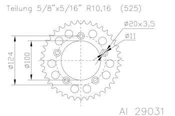 Alu-Kettenrad 38 Zähne Alu 525er Teilung (5/8x5/16)