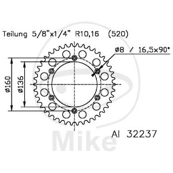 Alu-Kettenrad, 48Z, Teil.: 520 silber, Esjot, Innen Ø : 136, Lochkr.: 160