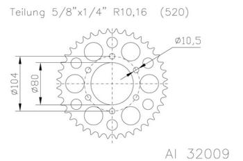 Kettenrad 43 Zähne Alu 520er Teilung (5/8x1/4)