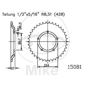 Kettenrad, 55Z, Teil.: 428, Innen Ø : 067, Lochkr.: 104