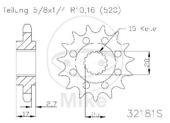 Racing-Ritzel, 15Z, Teil.: 520, feinverzahnt, Innen Ø : 25/28