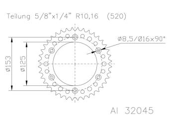 Kettenrad 53 Zähne Alu 520er Teilung (5/8x1/4)