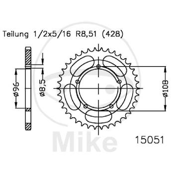 Kettenrad, 52Z, Teil.: 428, Innen Ø : 096, Lochkr.: 108