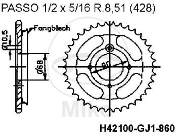 Kettenrad, 45Z, mit Fangblech,Teil.: 428, Innen Ø : 068, Lochkr.: 090