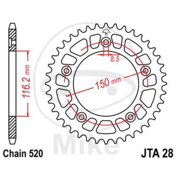 Alu-Kettenrad, 44Z, Teil.: 520 silber, JT, Innen Ø : 116, Lochkr.: 150