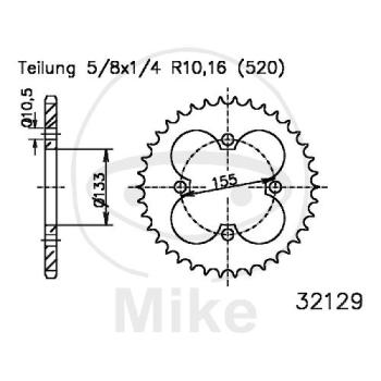 Kettenrad, 38Z, Teil.: 520 schwarz, Innen Ø : 133, Lochkr.: 155
