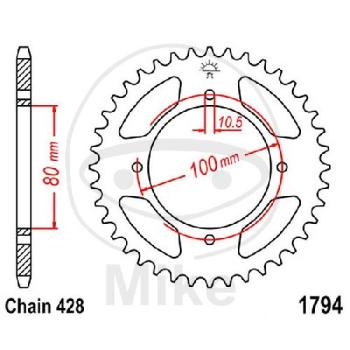 Kettenrad, 45Z, Teil.: 428, Innen Ø : 080, Lochkr.: 100