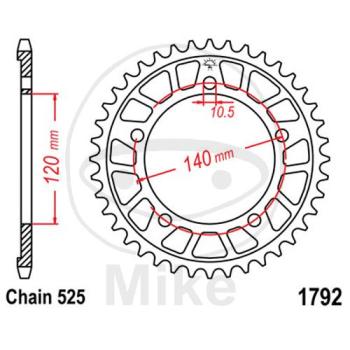 Alu-Kettenrad: 42Z, Teil.: 525 silber, JT, Innen Ø : 120, Lochkr.: 140