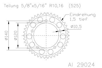 Alu-Kettenrad 47 Zähne 525er Teilung (5/8x5/16)