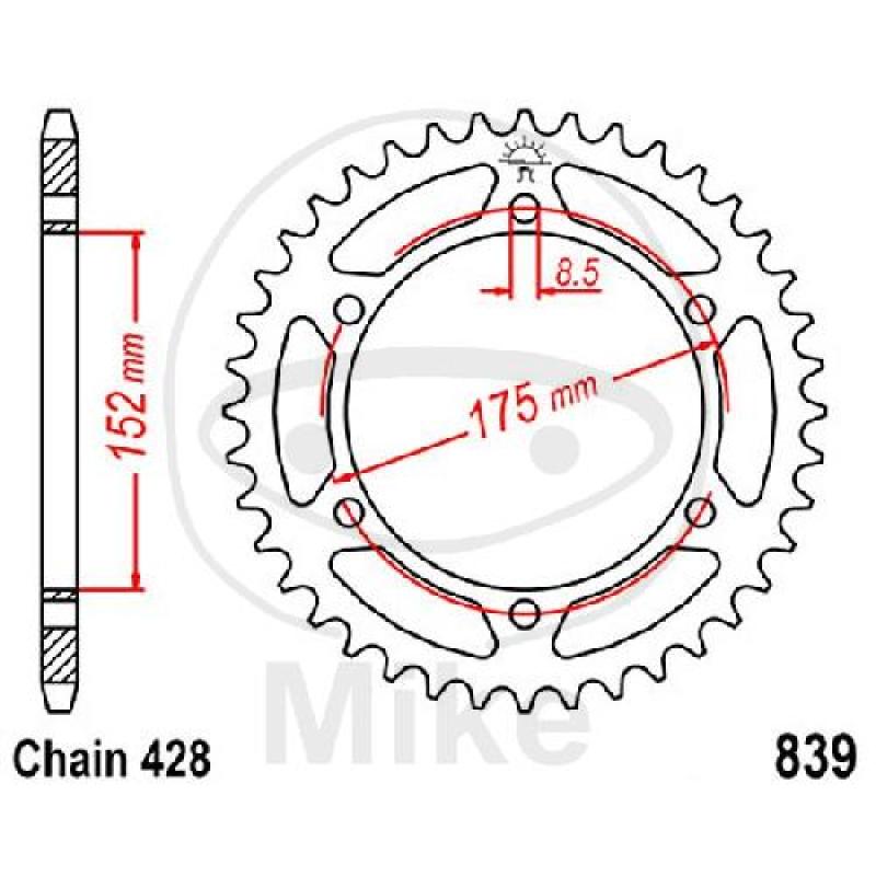 Kettenrad, 52Z, Teil.: 428, Innen Ø : 152, Lochkr.: 175