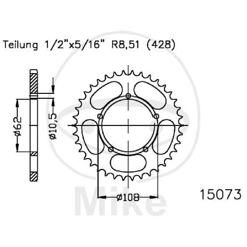 Kettenrad, 50Z, Teil.: 428 schwarz, Innen Ø : 062, Lochkr.: 108