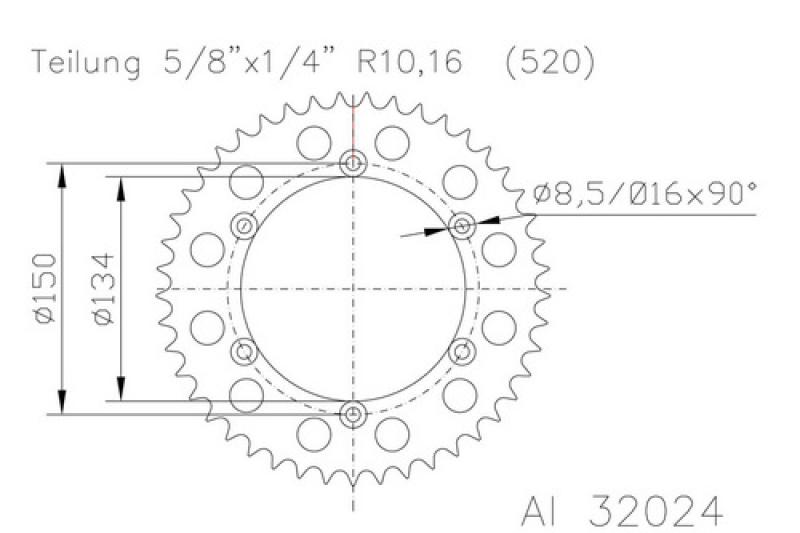 Kettenrad 51 Zähne Alu 520er Teilung (5/8x1/4)