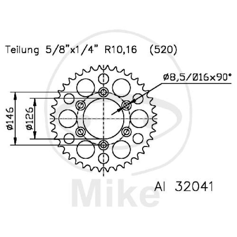 Alu-Kettenrad, 40Z, Teil.: 520 silber, Esjot, Innen Ø : 126, Lochkr.: 146