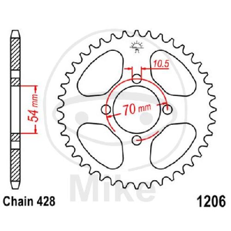 Kettenrad, 44Z, Teil.: 428, Innen Ø : 054, Lochkr.: 070