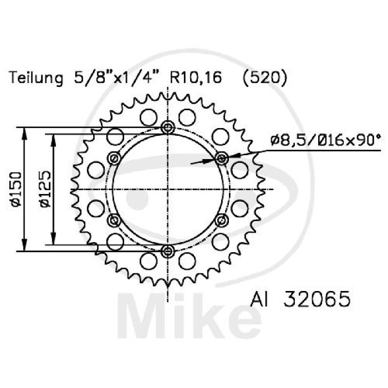 Alu-Kettenrad, 54Z, Teil.: 520 silber, Esjot, Innen Ø : 125, Lochkr.: 150