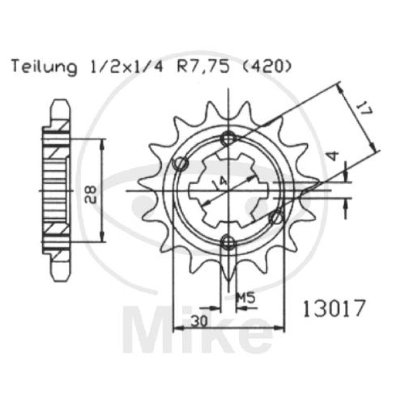 Ritzel, 13Z, Teil.: 420, grobverzahnt 6, Innen Ø : 14/17