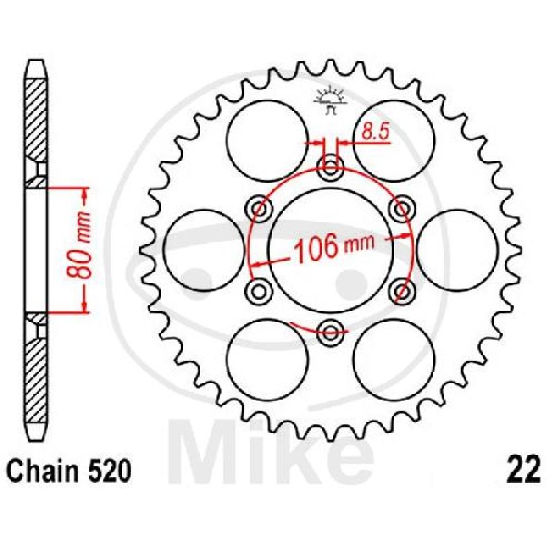 Kettenrad, 42Z, Teil.: 520, Innen Ø : 080, Lochkr.: 106