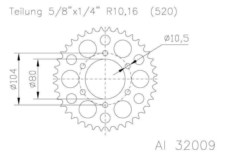 Kettenrad 43 Zähne Alu 520er Teilung (5/8x1/4)