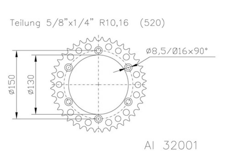 Kettenrad 51 Zähne Alu 520er Teilung (5/8x1/4)