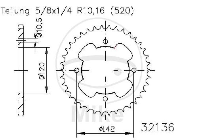 Kettenrad, 35Z, Teil.: 520 schwarz, Innen Ø : 120, Lochkr.: 142