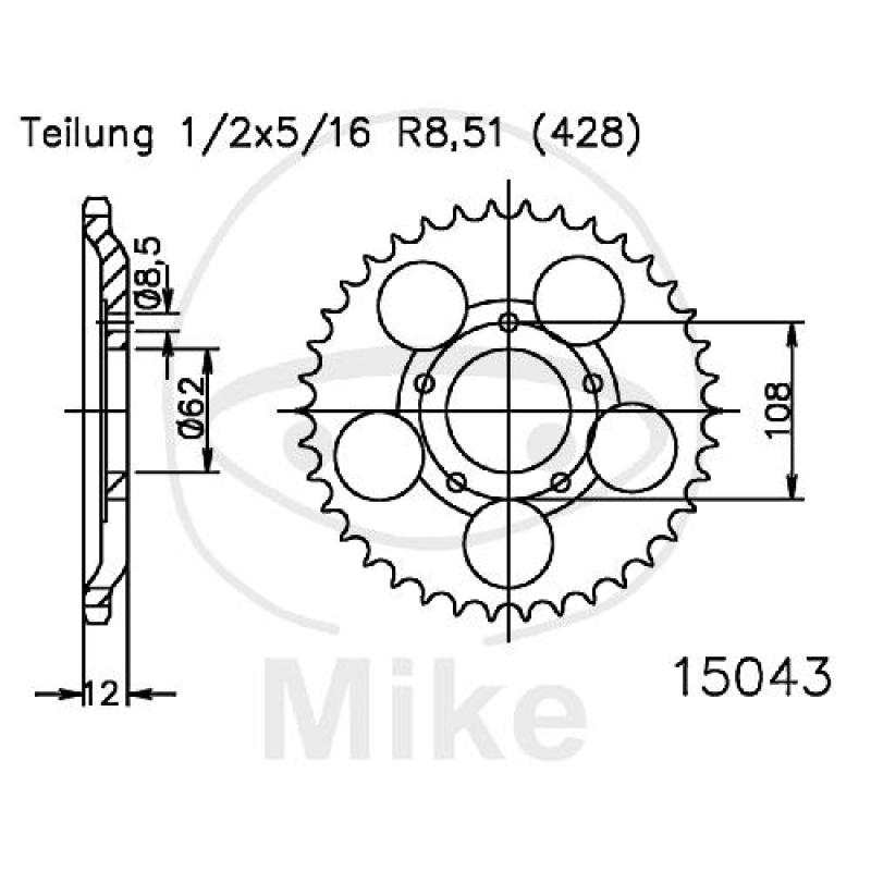 Kettenrad, 51Z, Teil.: 428, Innen Ø : 062, Lochkr.: 108