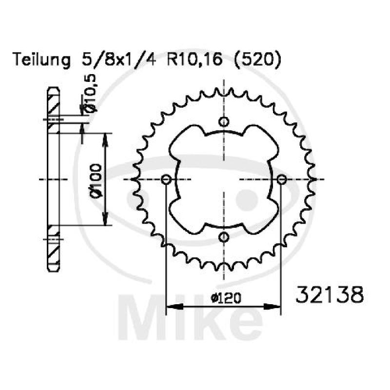 Kettenrad, 38Z, Teil.: 520, Innen Ø : 100, Lochkr.: 120