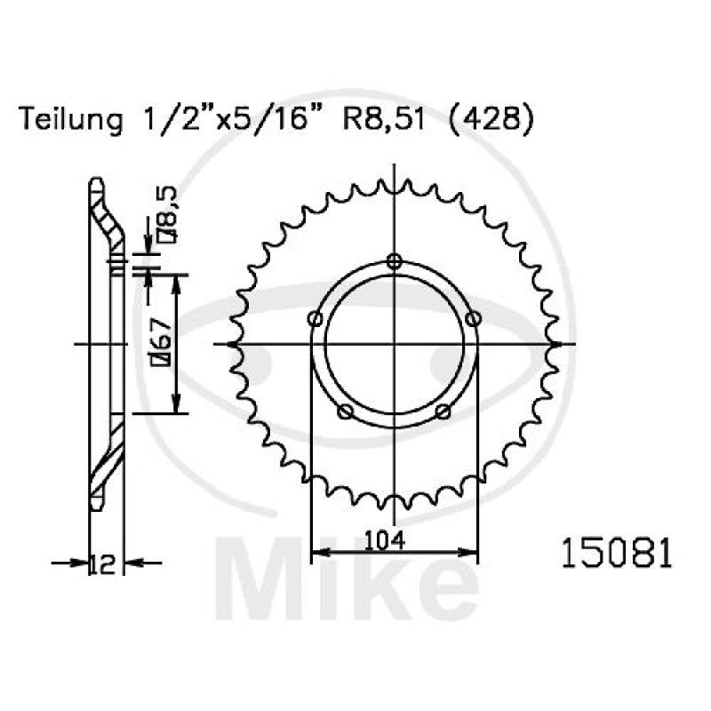 Kettenrad, 55Z, Teil.: 428, Innen Ø : 067, Lochkr.: 104