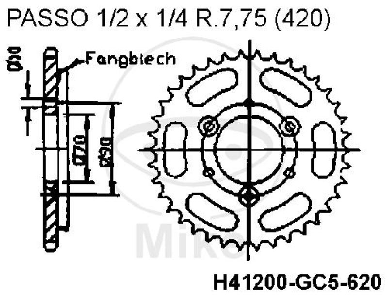 Kettenrad, mit Fangblech 45Z, TEI 420, Innen Ø : 070, Lochkr.: 090