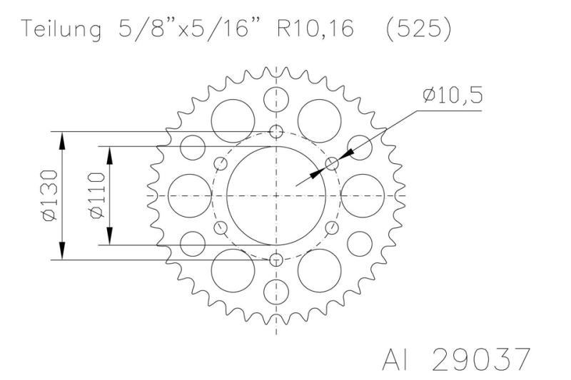 Alu-Kettenrad 46 Zähne 525er Teilung (5/8x5/16)