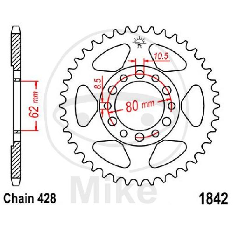 Kettenrad, 42Z, Teil.: 428, Innen Ø : 062, Lochkr.: 080