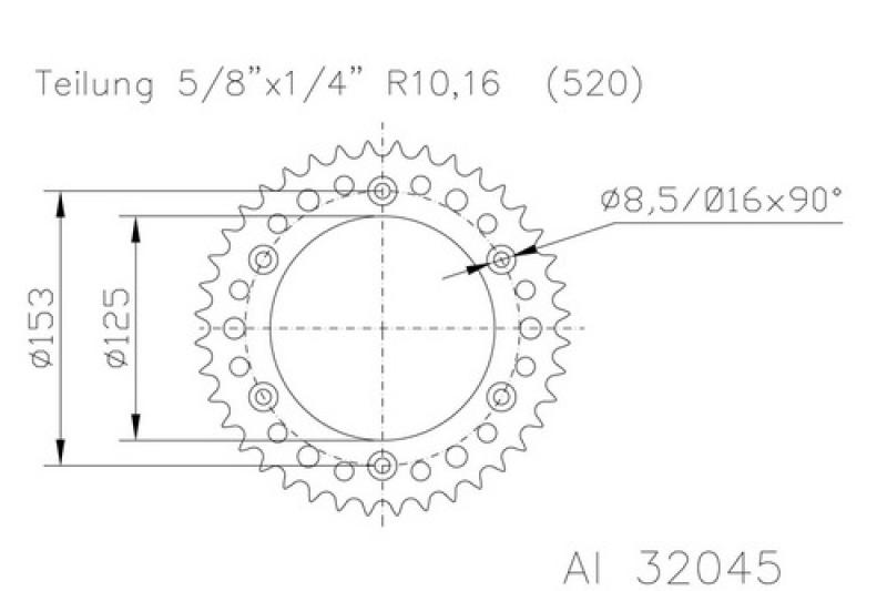 Kettenrad 53 Zähne Alu 520er Teilung (5/8x1/4)