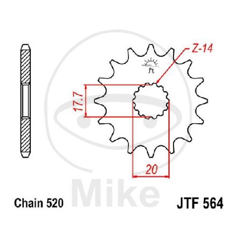Ritzel, 14Z, Teil.: 520, feinverzahnt, Innen Ø : 17.7/20