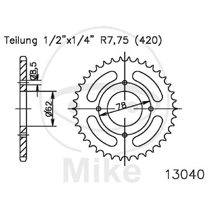 Kettenrad, 37Z, Teil.: 420 schwarz, Innen Ø : 062, Lochkr.: 078