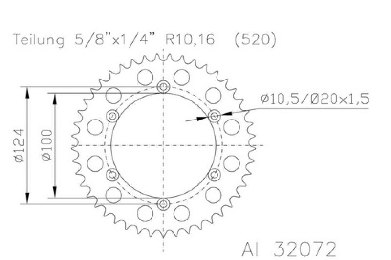 Kettenrad 42 Zähne Alu 520er Teilung (5/8x1/4)