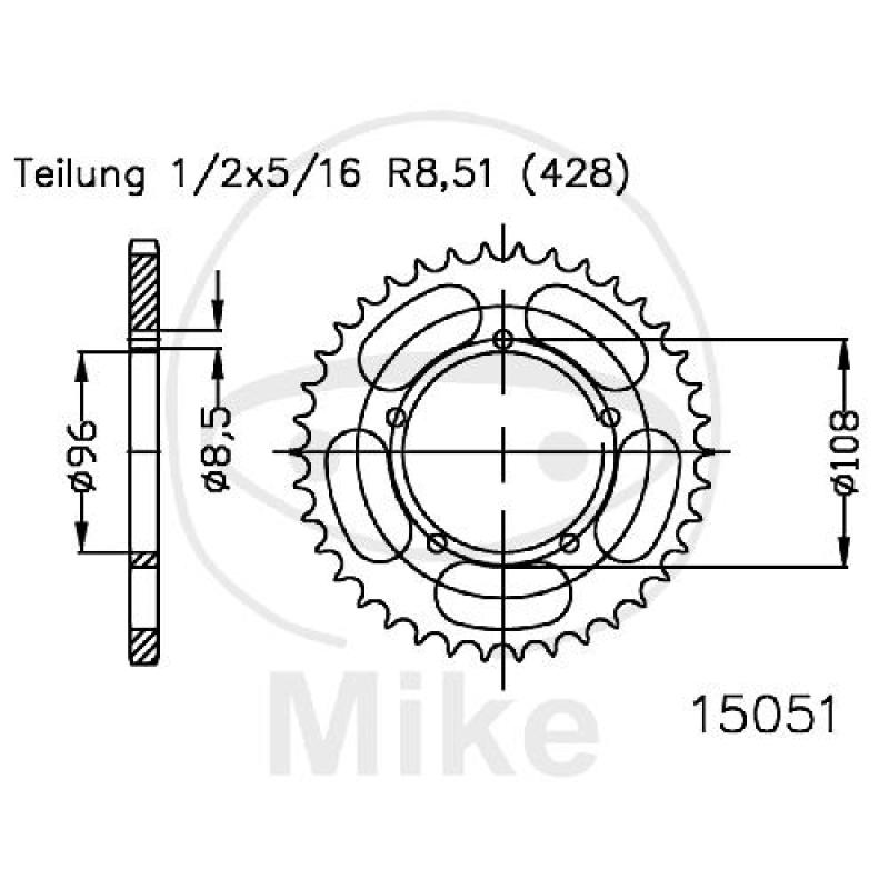 Kettenrad, 52Z, Teil.: 428, Innen Ø : 096, Lochkr.: 108