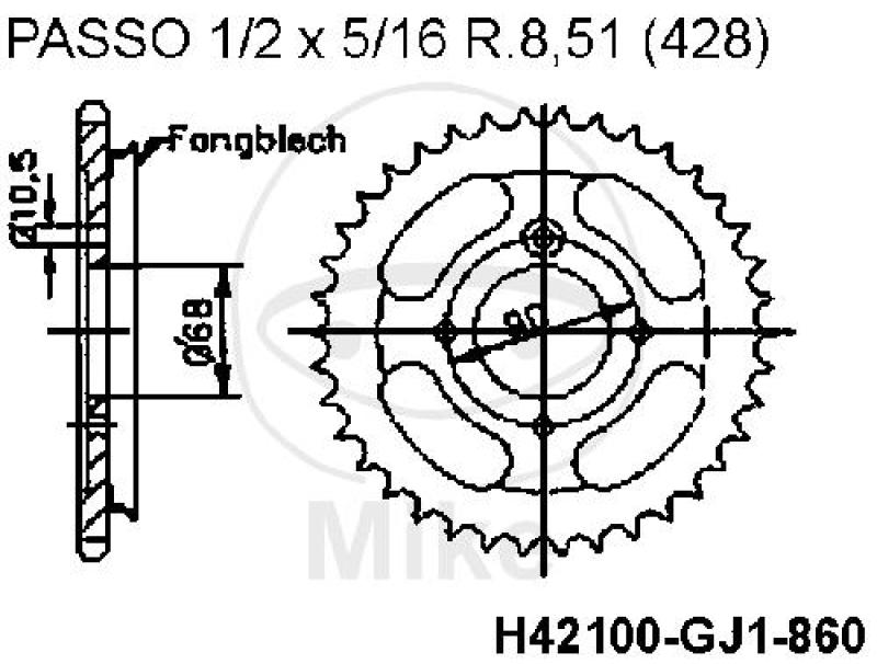 Kettenrad, 45Z, mit Fangblech,Teil.: 428, Innen Ø : 068, Lochkr.: 090