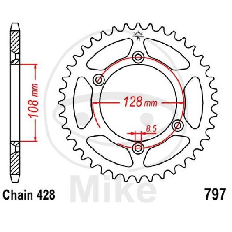 Kettenrad, 51Z, Teil.: 428, Innen Ø : 108, Lochkr.: 128