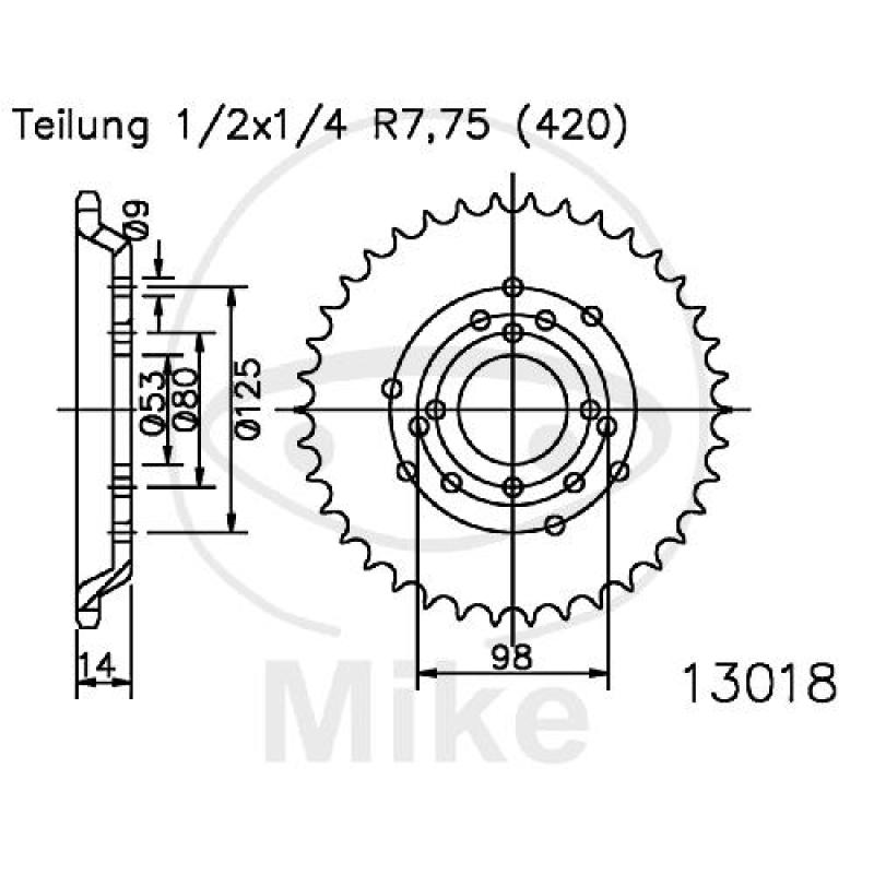 Kettenrad, 48Z, Teil.: 420 schwarz, Innen Ø : 053, Lochkr.: 098