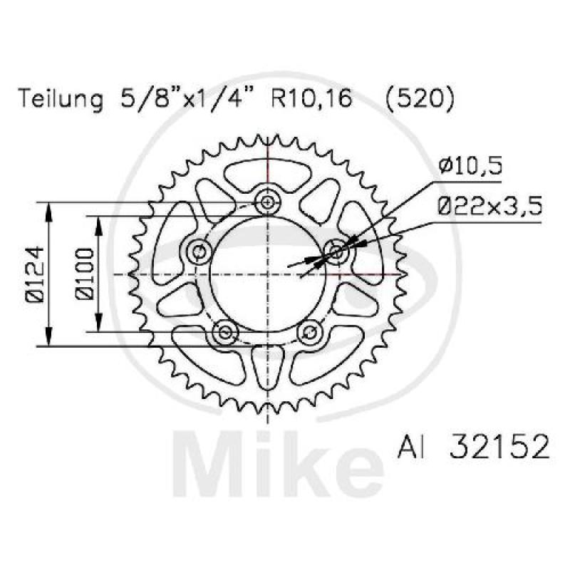 Alu-Kettenrad, 45Z, Teil.: 520 silber, Esjot, Innen Ø : 100, Lochkr.: 124