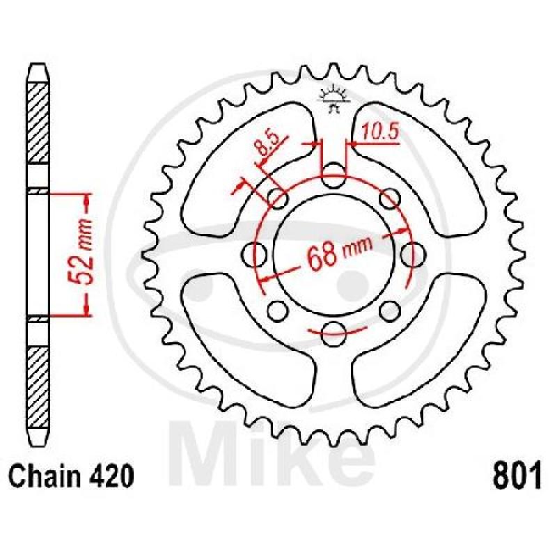 Kettenrad, 52Z, Teil.: 420, Innen Ø : 052, Lochkr.: 068