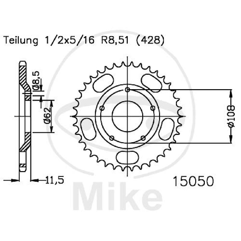 Kettenrad, 53Z, Teil.: 428, Innen Ø : 062, Lochkr.: 108