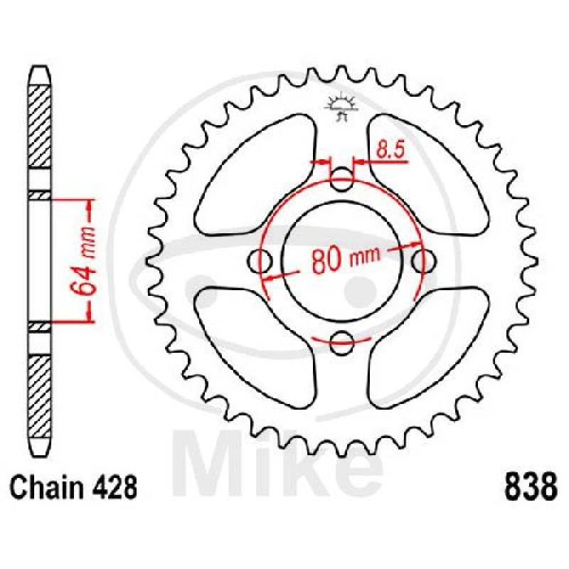 Kettenrad, 38Z, Teil.: 428, Innen Ø : 064, Lochkr.: 080