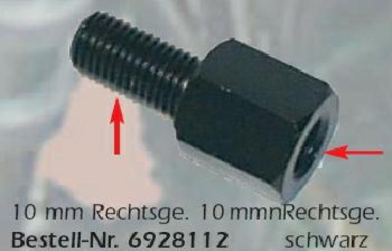 Spiegeladapter, unten 10 mm Rechtsgewinde & oben 10 mm Rechtsgewinde, schwarz (1 Stk.)