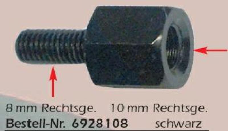 Spiegeladapter, unten 8 mm Rechtsgewinde & oben 10 mm Rechtsgewinde, schwarz (1 Stk.)